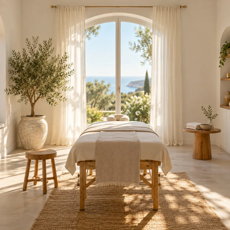 Sala de fisioterapia luminosa com uma marquesa, uma oliveira num vaso e uma janela em arco com vista para o mar