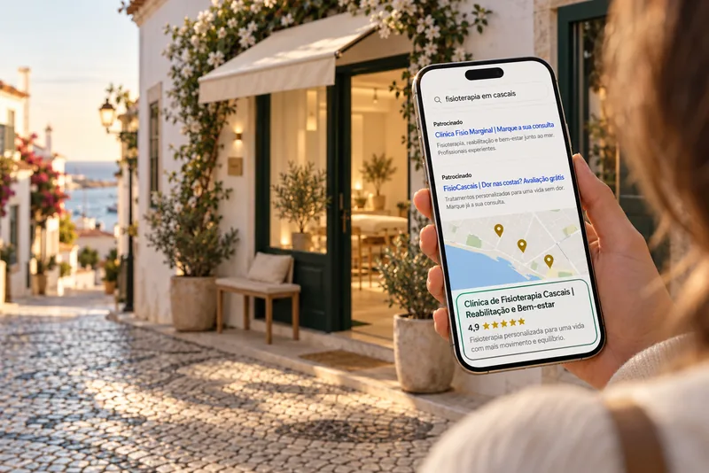 Mulher a segurar um telemóvel com a pesquisa «fisioterapia em Cascais» e o mapa de resultados, diante de uma clínica numa rua de calçada portuguesa