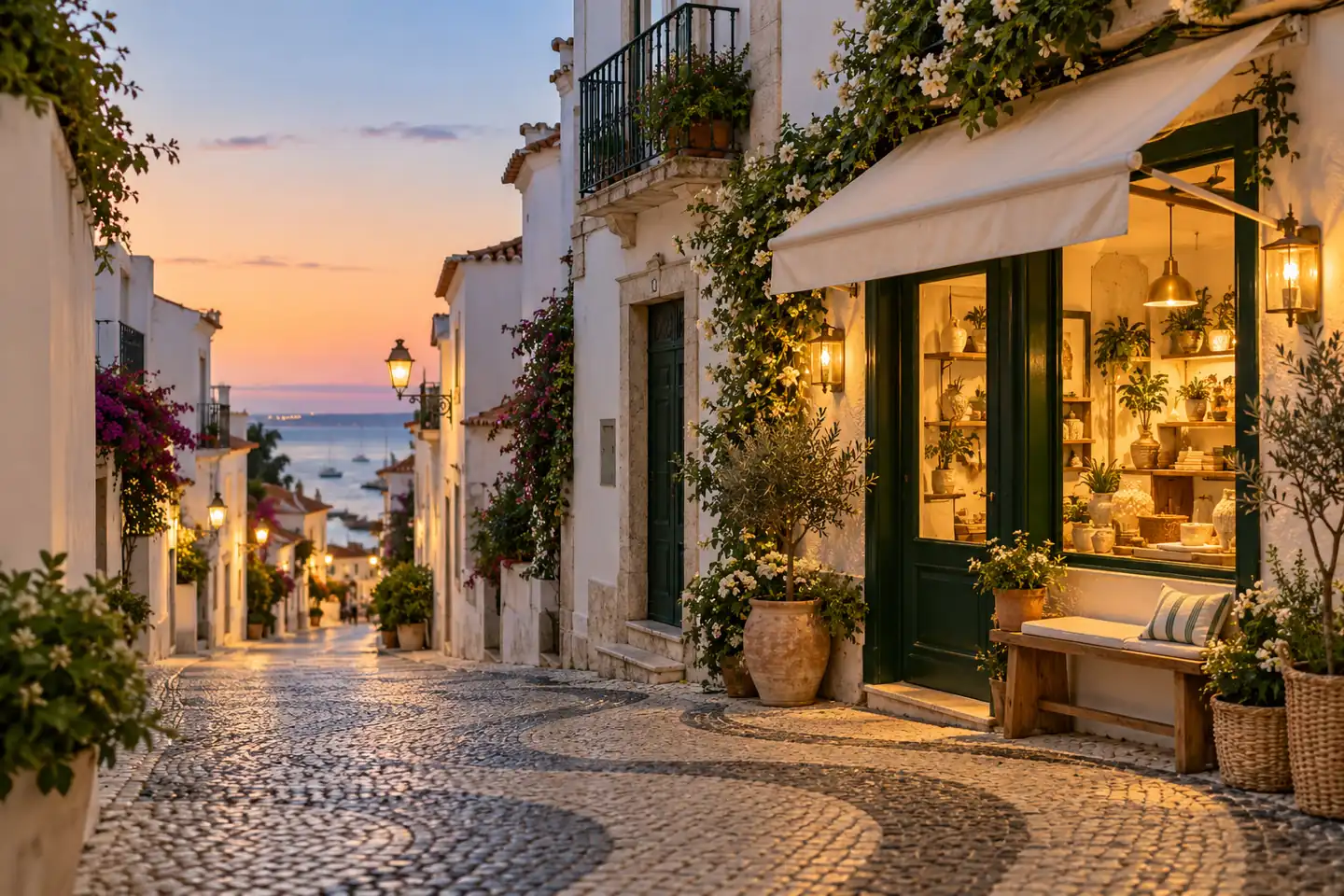 Rua de calçada portuguesa ao entardecer, com uma loja iluminada e vista para o mar ao fundo